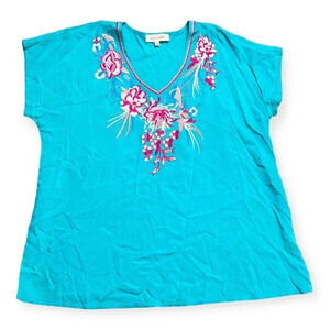 Solitaire Womens Turquoise Floral Embroidered Short Sleeve Blouse Sz‎ S Bohemian
